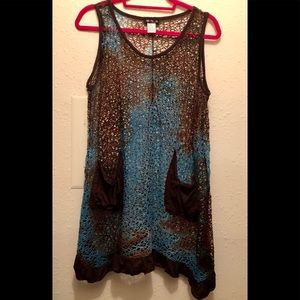 Brown and blue open crochet long tank top